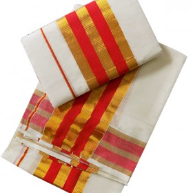 Kerala Red And Golden Border Settu Mundu